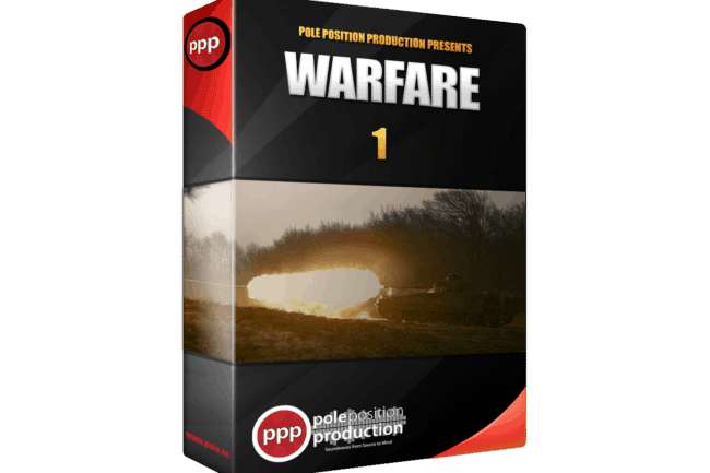Image of a warfare sound effects library box cover on Sonniss—tank silhouette with explosion, Pole Position Production.