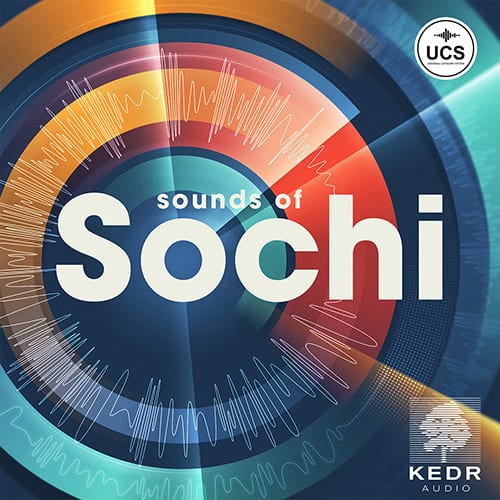 Explore our sound library: Circular design with sound waves, 'Sounds of Sochi,' UCS & KEDR logos—ideal for cinematic audio.