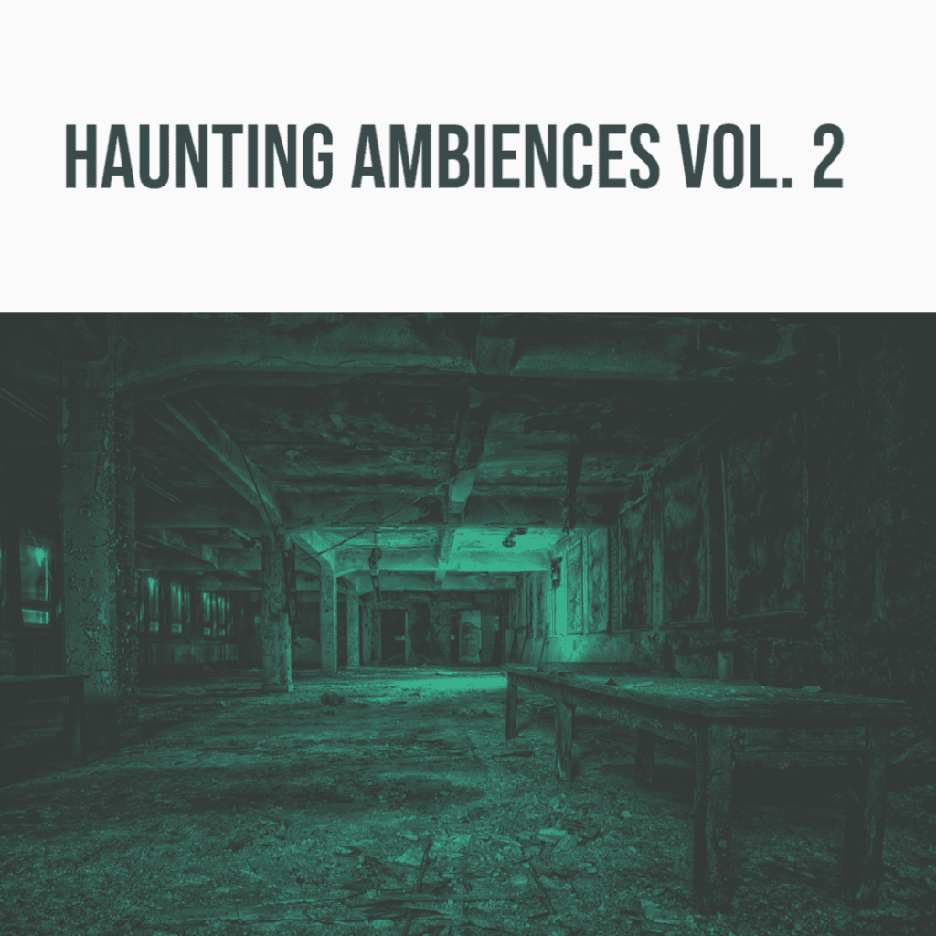 The image is of a dilapidated room sound effects library on Sonniss. Text displays: Haunting Ambiences Vol. 2, perfect for eerie vibes.