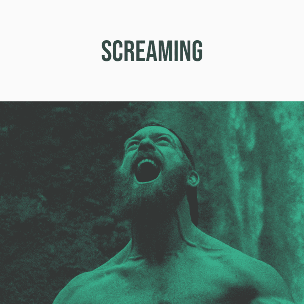 Image of sound effects library: shirtless man screaming, perfect for dramatic voice sfx in a high-quality sound library.