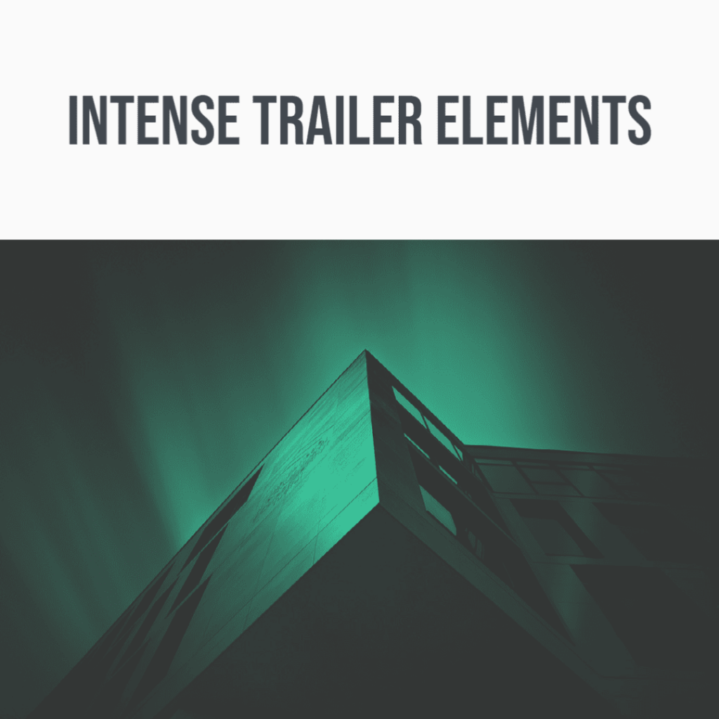 Against a dark sky, a building with a triangular facade is illuminated with green light. "Intense Trailer Elements" in an SFX library image.