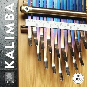 A close-up of a Kalimba from Sonniss showcases metal tines labeled for a sound effects library by KEDR Audio and UCS.