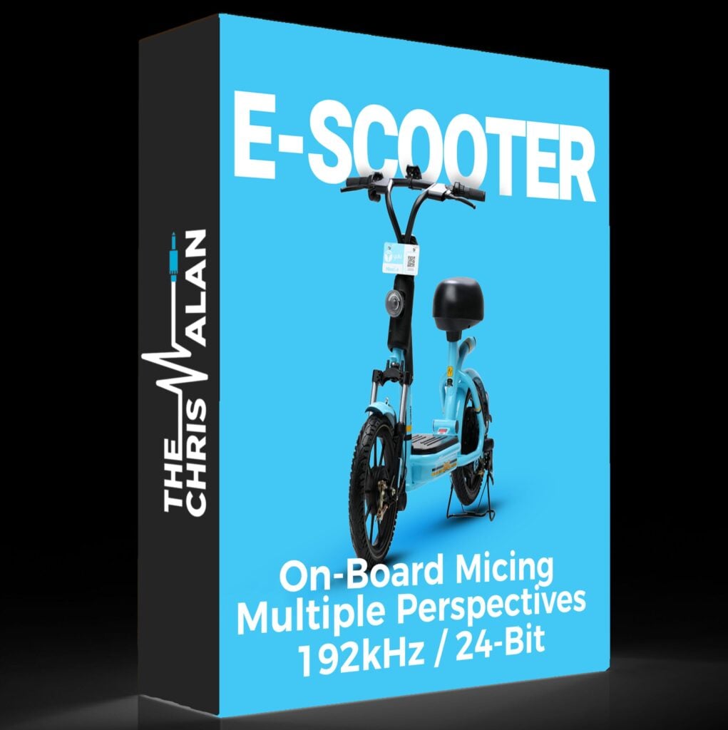 Box design for "E-Scooter SFX Library" on Sonniss features an electric scooter, showcasing high-quality 192kHz/24-Bit sound effects.