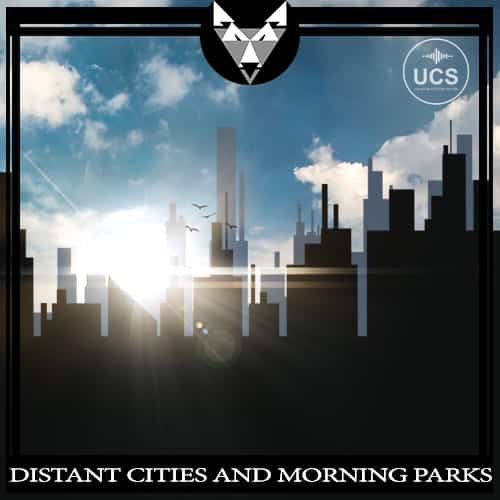 An image of a sound effects library on Sonniss, showcasing "Distant Cities And Morning Parks" in a vibrant city skyline.