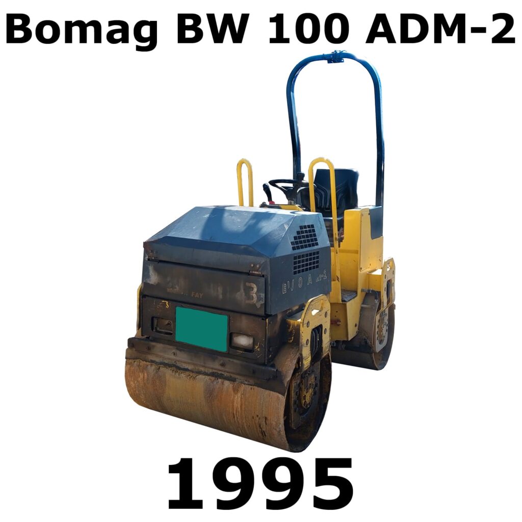 A detailed sound effects library of a 1995 Bomag BW 100 ADM-2 road roller with cylindrical drums and blue frame at Sonniss.