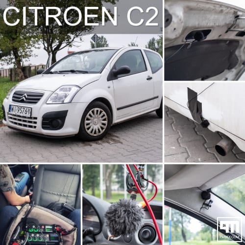Image of a sound library on Sonniss: A white Citroen C2 with interior recording gear and detailed exhaust pipe views.