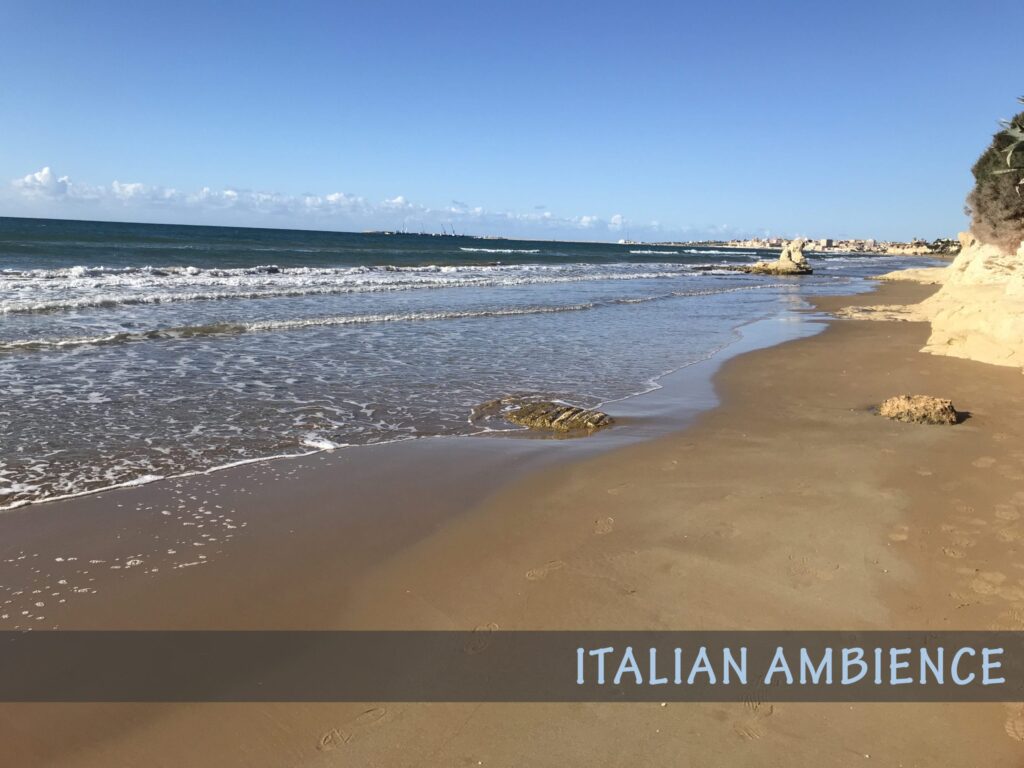 Image on Sonniss shows a sound effects library: "Italian ambience" with gentle waves on a sandy beach under clear skies.