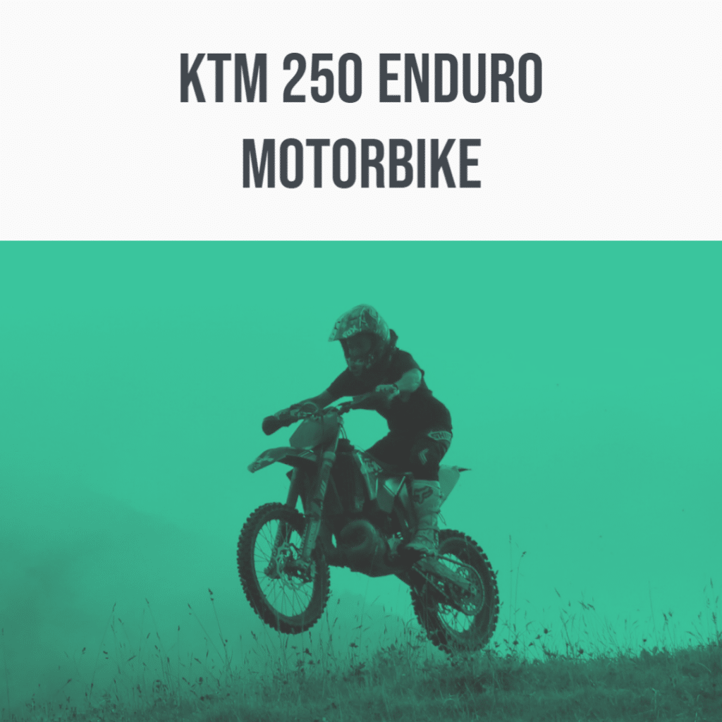 A KTM 250 Enduro Motorbike navigates off-road with a green backdrop, perfect for "motorcycle sound library" searches on Sonniss.