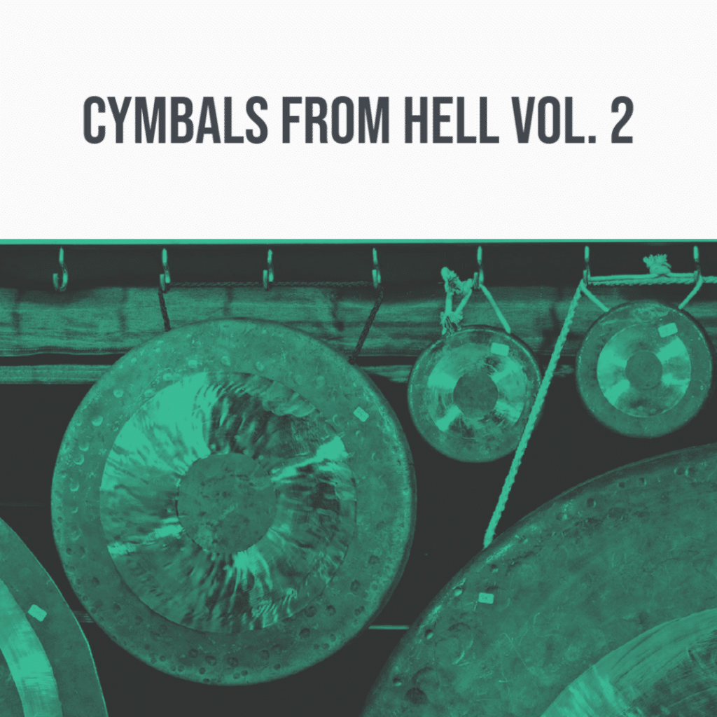 Image of sound effects library on Sonniss: Cover art "Cymbals from Hell Vol. 2" with greenish cymbals and gongs.