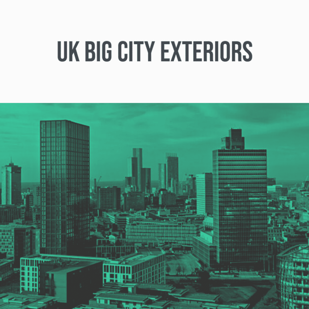 A city skyline with modern high-rises under a green sky, showcasing the "UK Big City Exteriors" sound effects library on Sonniss.