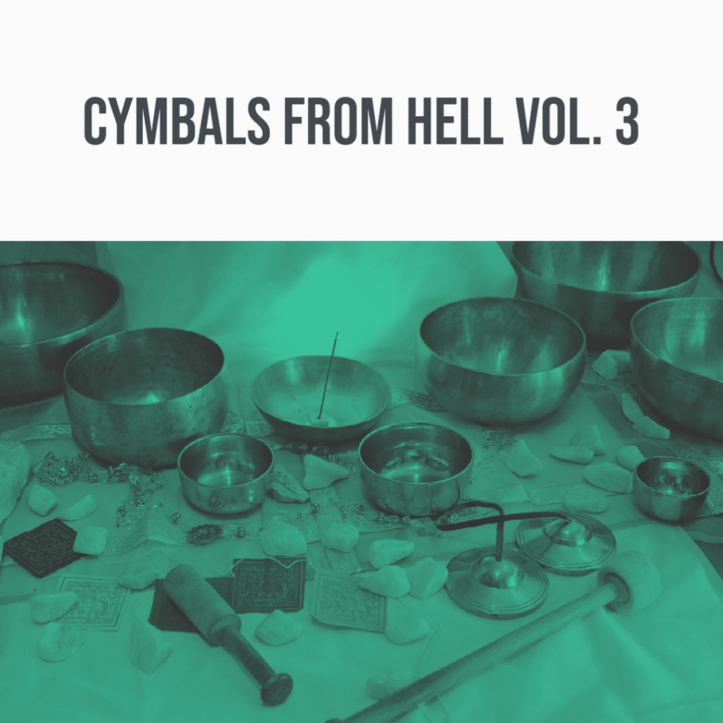 An image of a sound effects library with metallic bowls and instruments on Sonniss, showcasing "Cymbals From Hell Vol. 3".