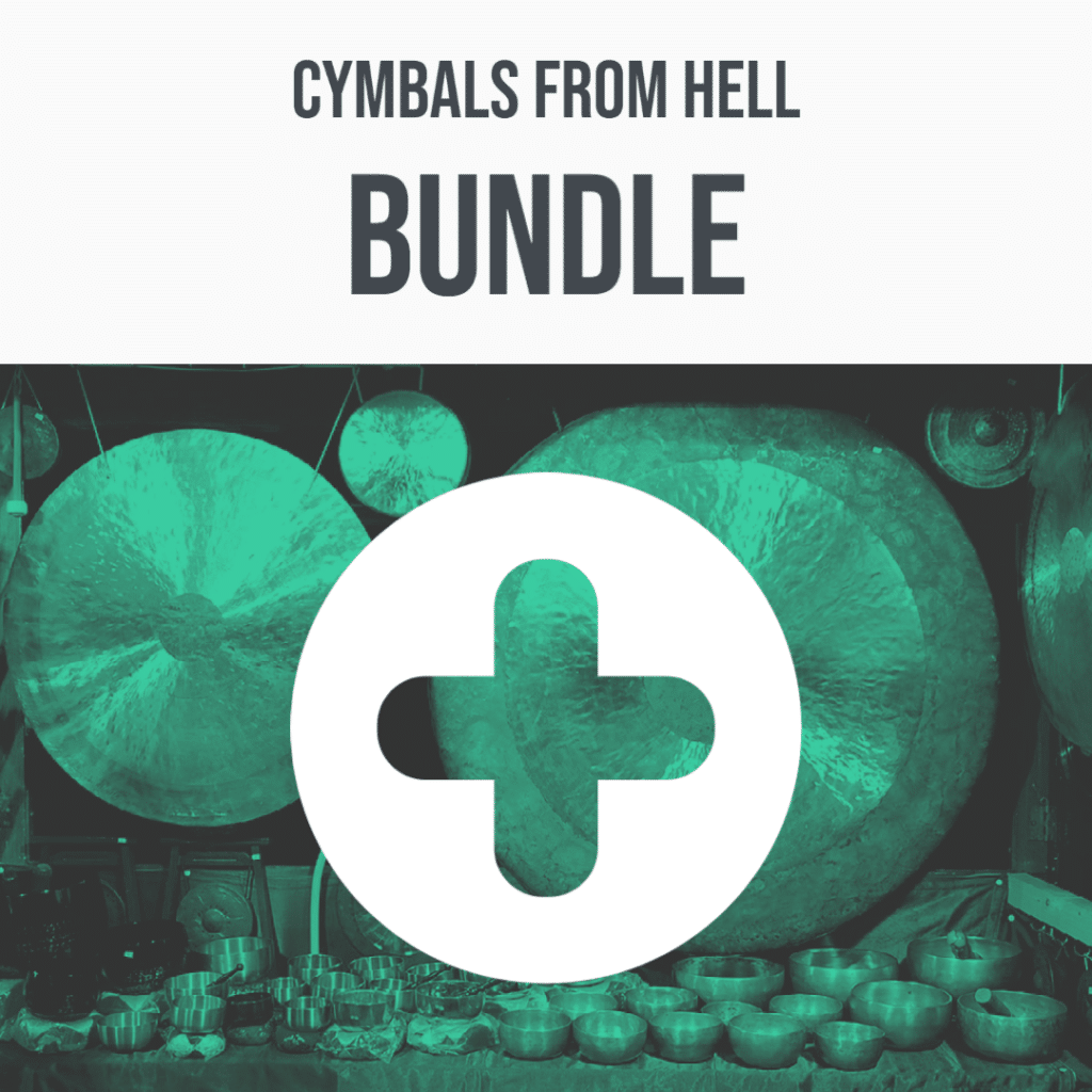 The image is of a sound effects library on Sonniss, showcasing teal gongs and cymbals as part of the "Cymbals From Hell Bundle.