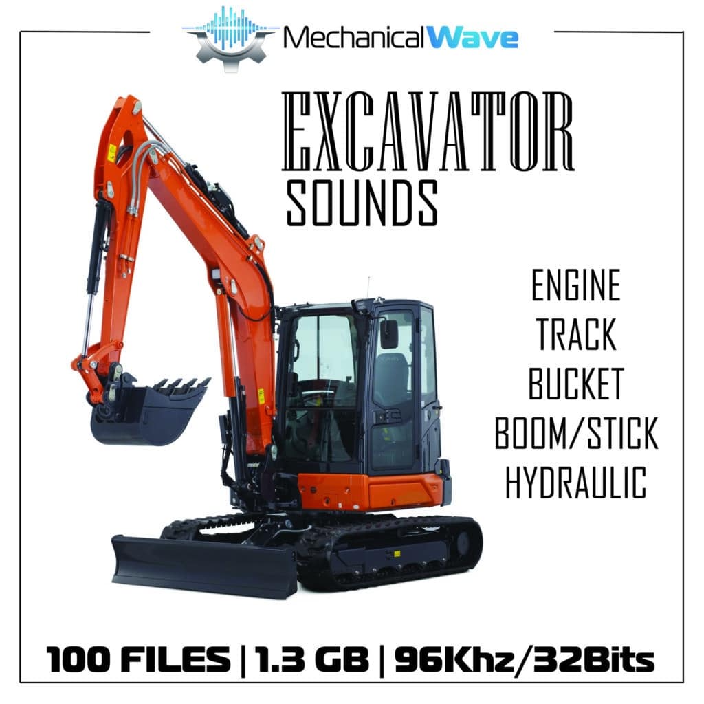Image of a sound effects library on Sonniss: "Excavator Sounds - 100 files, 1.3GB at 96Khz/32Bits, includes engine & hydraulic effects.