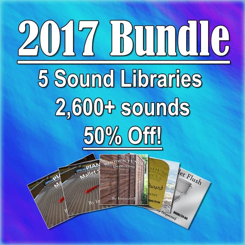 Sonniss' 2019 InspectorJ Bundle ad showcases a sound effects library, featuring 2,600+ sounds with a 50% discount.