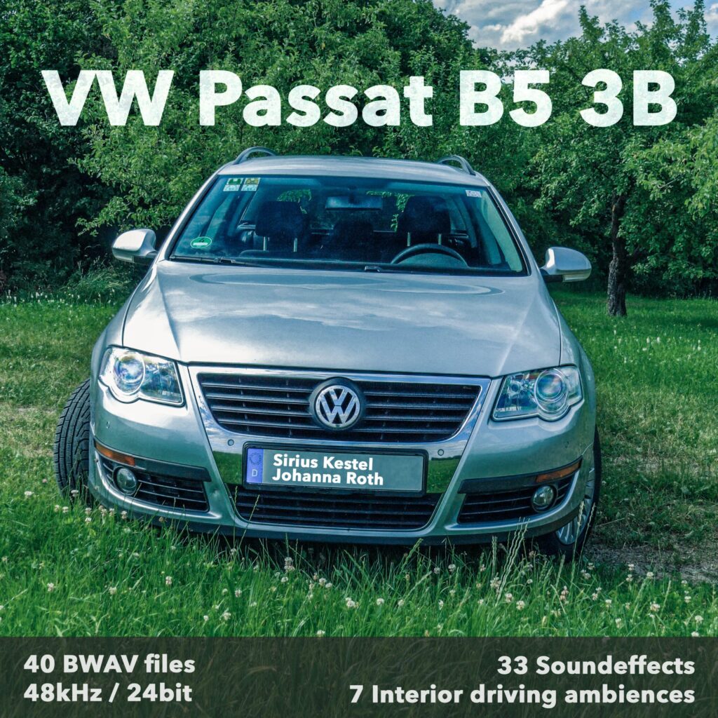 The image on Sonniss highlights a "sound effects library" with a silver VW Passat B5 3B, perfect for automotive sfx needs.