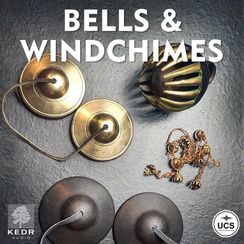Brass bells, cymbals, and wind chimes photo for sound effects library on Sonniss by KEDR Audio. UCS logos in corners.