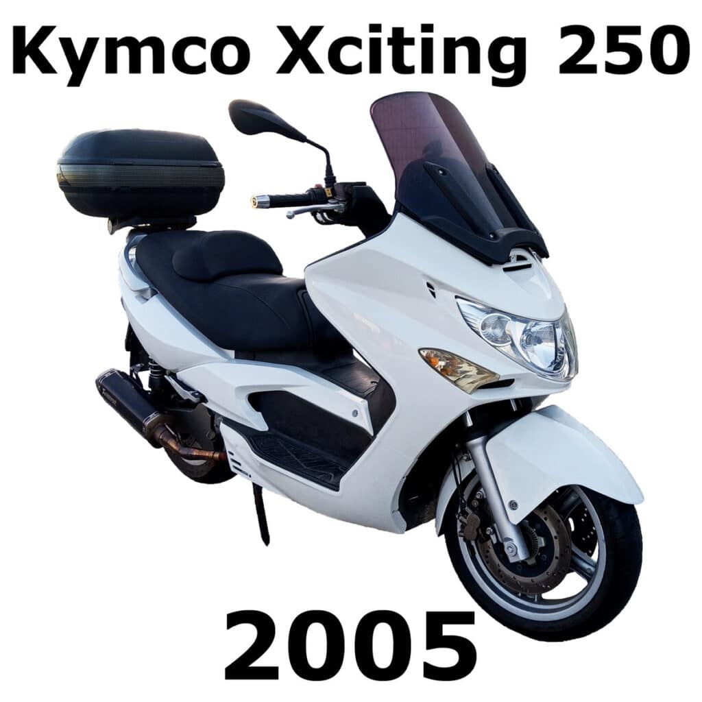 White Kymco Xciting 250 scooter for sound effects library on Sonniss, ideal for motorcycle sound effects in SFX library.