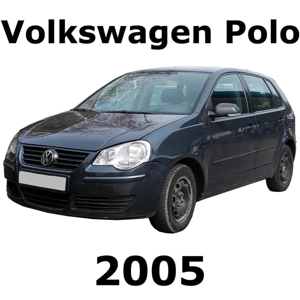 A 2005 Volkswagen Polo captured for sound effects library: front left view highlights headlights, wheels partly obscured.