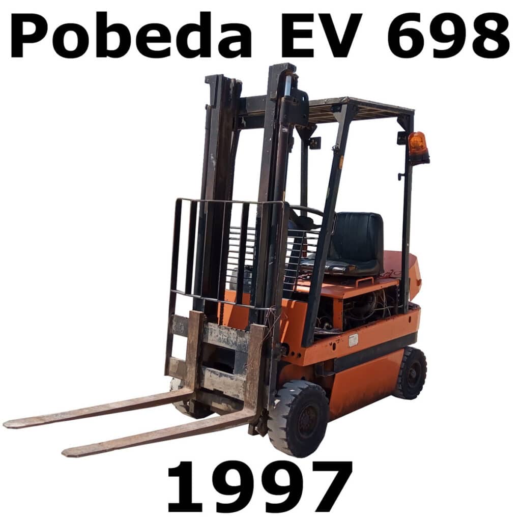 Image of a Pobeda EV 698 1997 forklift sfx library on Sonniss, featuring dual front forks and an orange warning light.