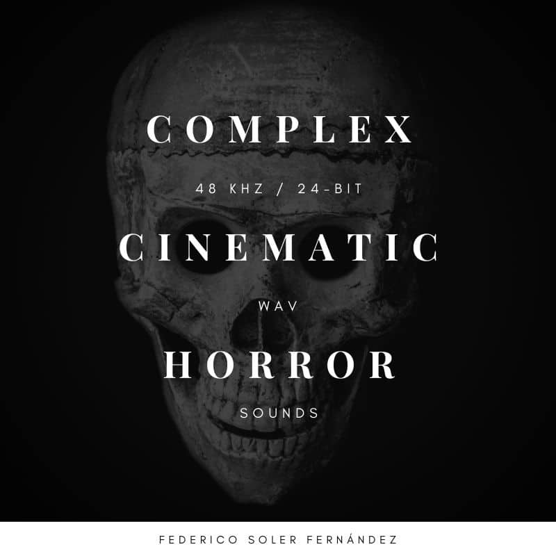 A skull image on Sonniss promoting a comprehensive sound effects library for cinematic horror in 48 kHz/24-bit WAV by Federico Soler Fernández.