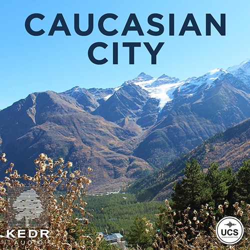 Discover 'Caucasian City': A sound effects library with mountain, snow, and lush greenery SFX on Sonniss. Logos in corners.