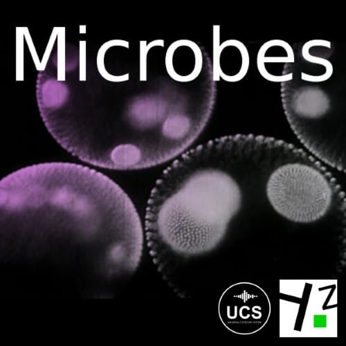 A dark backdrop with glowing microbe-like forms showcases a "sound effects library" theme on Sonniss, highlighting microbial sfx visuals.