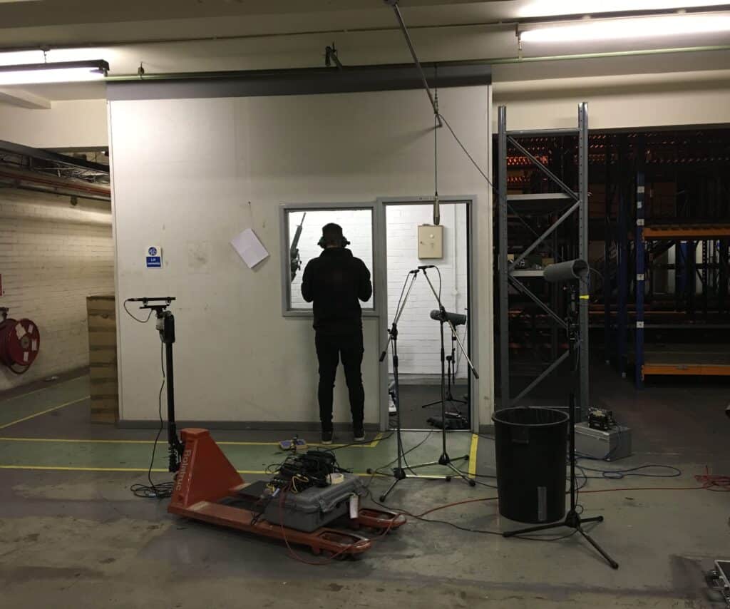 Atmospheric sfx library setup with recording gear showcases The London Warehouse Firearms sound effects on Sonniss.