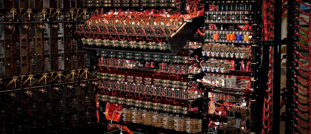 A close-up of the BLETCHLEY PARK ENIGMA for vintage analog computer sound effects in your sfx library on Sonniss.