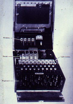 Black and white photo of BLETCHLEY PARK ENIGMA for sfx library inspiration—ideal for WWII cipher machine sound effects creation.