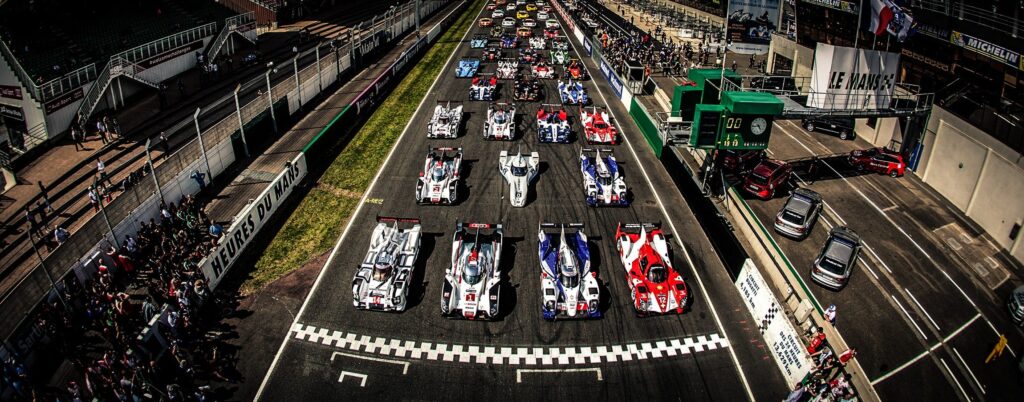 Aerial view of race cars at Le Mans—perfect for race track sound effects library or expanding your car racing sfx collection.