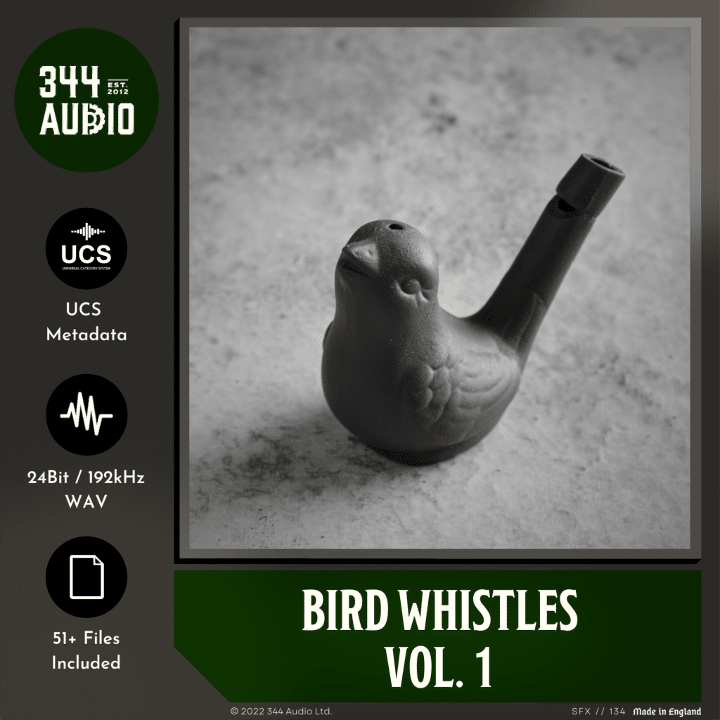 Explore the "sound effects library" image on Sonniss, featuring a ceramic bird whistle promoting "bird whistles vol. 1".