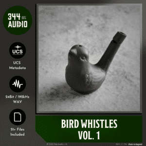 Explore the "sound effects library" image on Sonniss, featuring a ceramic bird whistle promoting "bird whistles vol. 1".