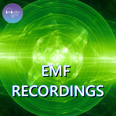 Green abstract background featuring "EMF RECORDINGS" and "Audio Quest" logo; ideal for sound effects library visuals.