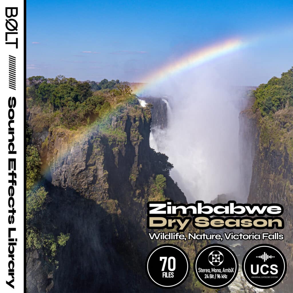 SFX Library image on Sonniss: Victoria Falls & rainbow depict nature sound effects collection.