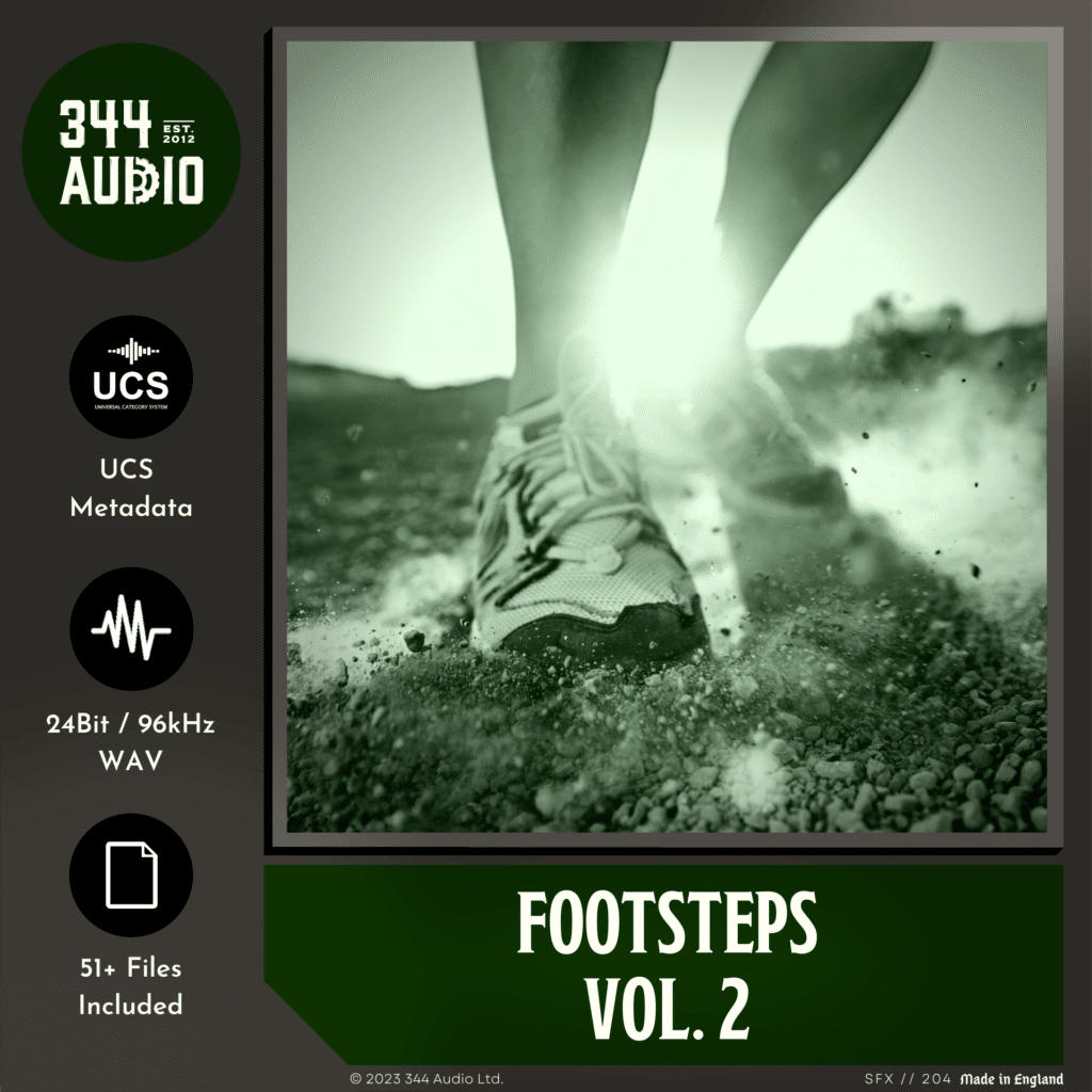 Footsteps vol. 2" sound library cover on Sonniss, features a close-up of a sneaker stepping on gravel.