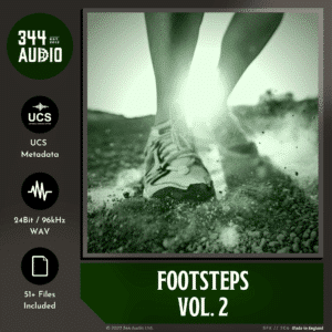 Footsteps vol. 2" sound library cover on Sonniss, features a close-up of a sneaker stepping on gravel.