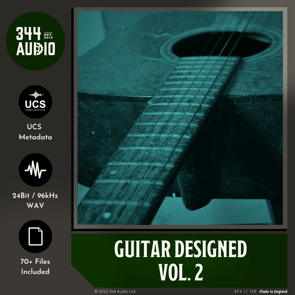 Guitar Designed Vol. 2" promo featuring an SFX library image of a guitar close-up, overlaid in green, detailing specs on Sonniss.