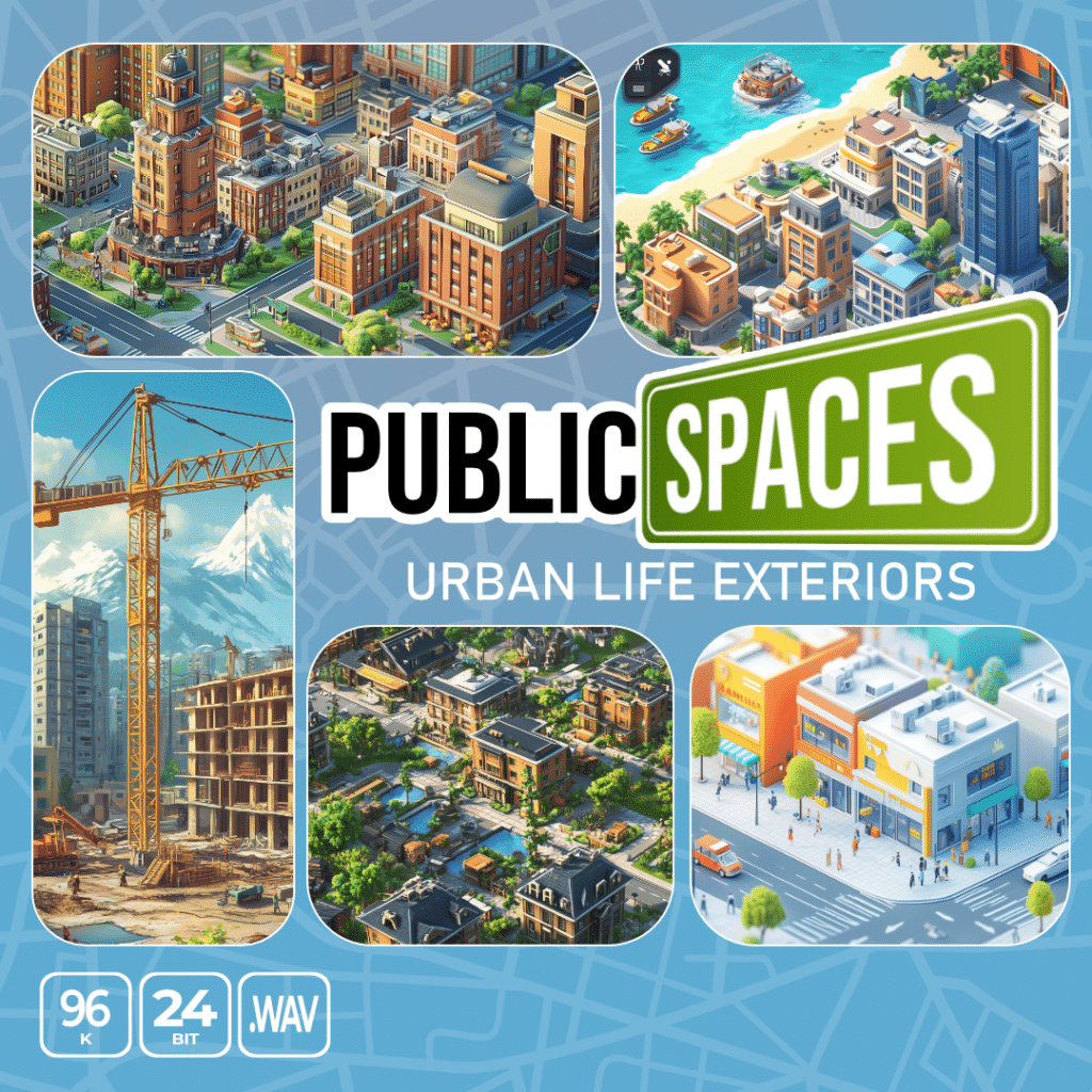 SFX library: Urban Life Exteriors Collage – buildings, construction, waterfront, residential area in public spaces image on Sonniss.