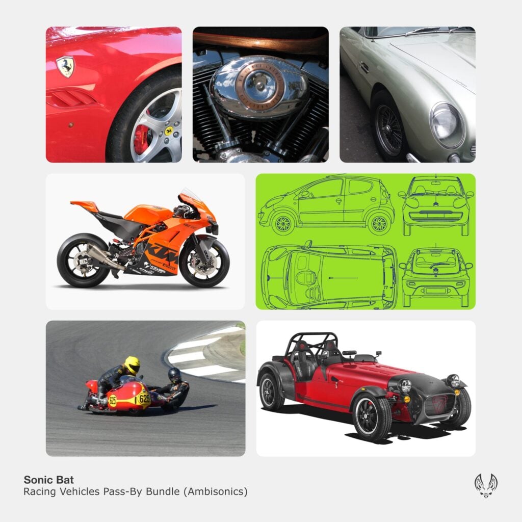 Collage of vehicle sound effects library on Sonniss: Ferrari, motorcycle engines, vintage cars, and more automotive SFX.