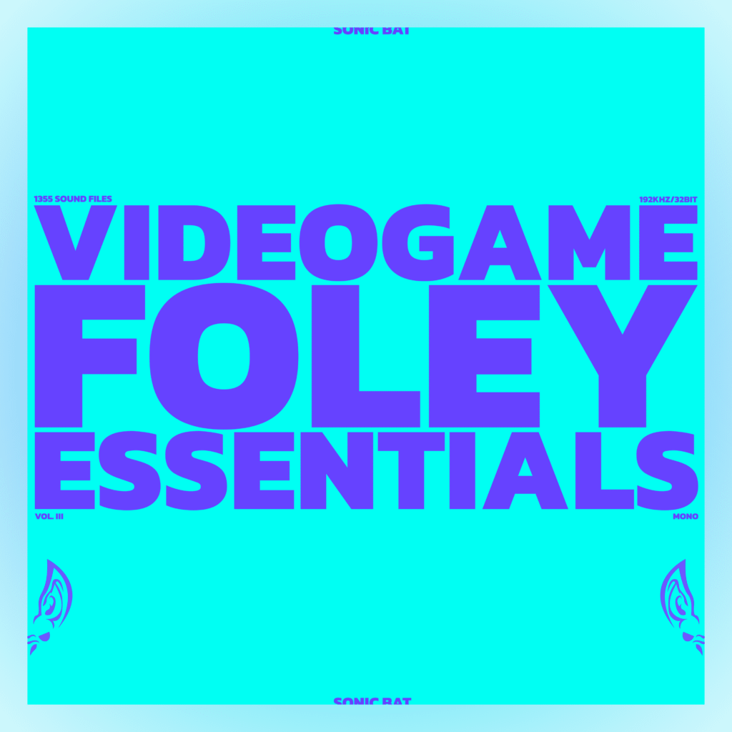 Text on a turquoise backdrop reads "Videogame Foley Essentials" in purple, offering a comprehensive sound library for enthusiasts.