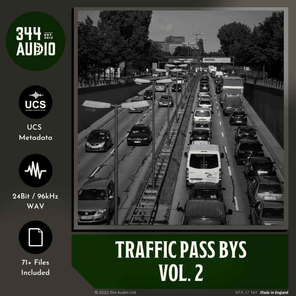 SFX Library represented in a monochrome image on Sonniss, showcasing road traffic sound effects