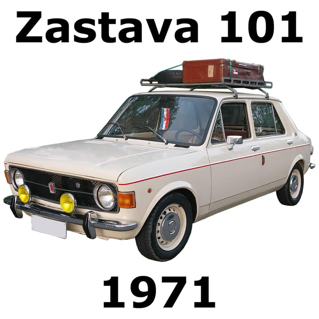 A classic white 1971 Zastava 101 car with luggage, perfect for enhancing your sfx library with authentic vintage sound effects.