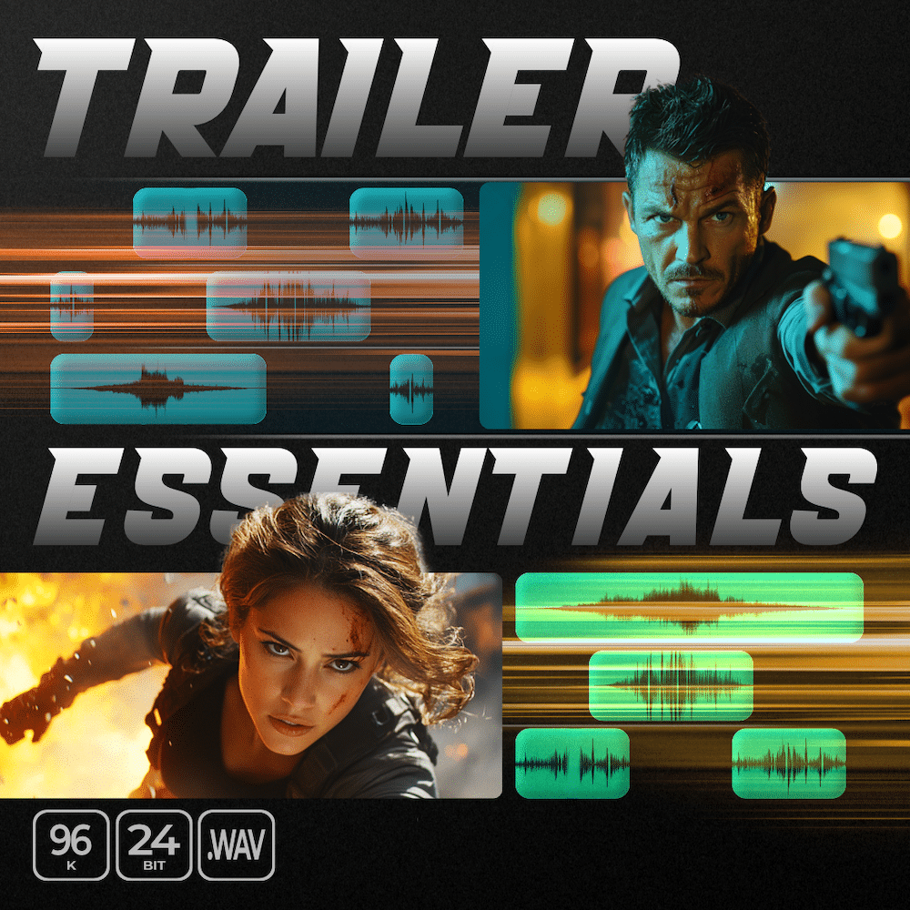 Image of a sound effects library on Sonniss: A man aiming a gun & woman poised for action. "Trailer Essentials" WAV 96K 24BIT.