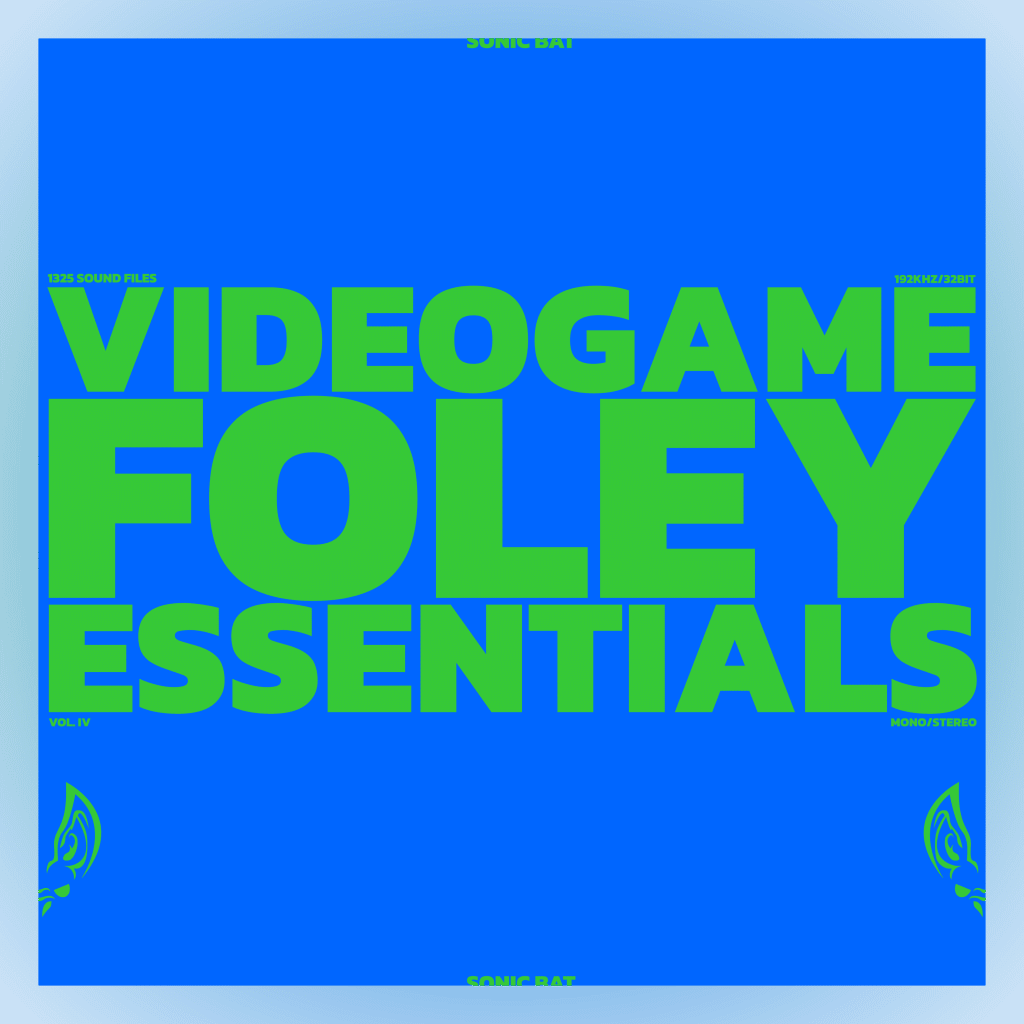 Image of a videogame foley essentials sound effects library cover on Sonniss—blue background, bold green text, yellow accents.