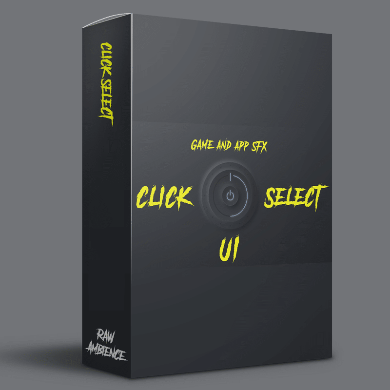 An SFX library software box for "Click Select UI" game and app sound effects, RAW AMBIENCE label, power icon in center—on Sonniss.