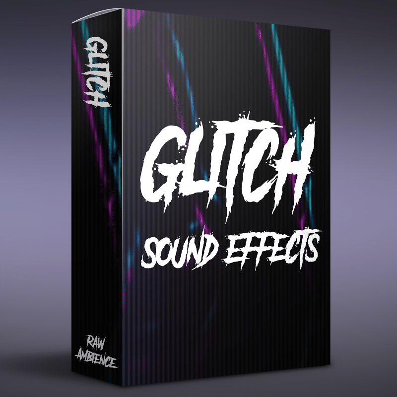 A 3D-rendered SFX library product box on Sonniss labeled “Glitch Sound Effects” with neon accents and “Raw Ambience” text.