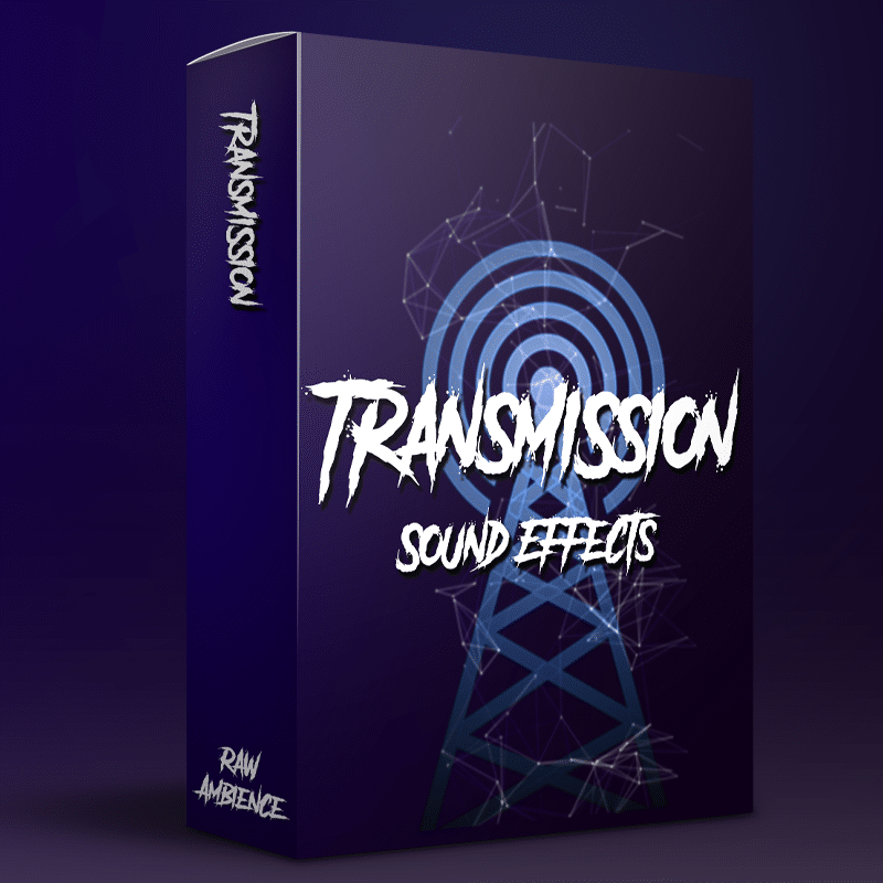 3D-rendered sound effects library box labeled "Transmission Sound Effects" with a tower and signal waves on Sonniss.