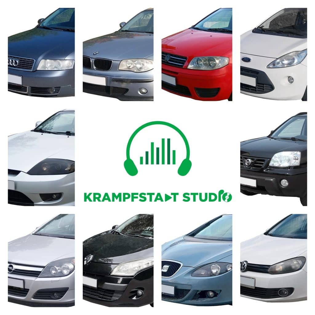 A grid of car front views features the Krampfstadt Studio logo—ideal for automotive sound effects library searches on Sonniss.
