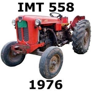 SFX library image: 1976 red IMT 558 tractor sound effects, front left view with worn details and large rear tire sounds.