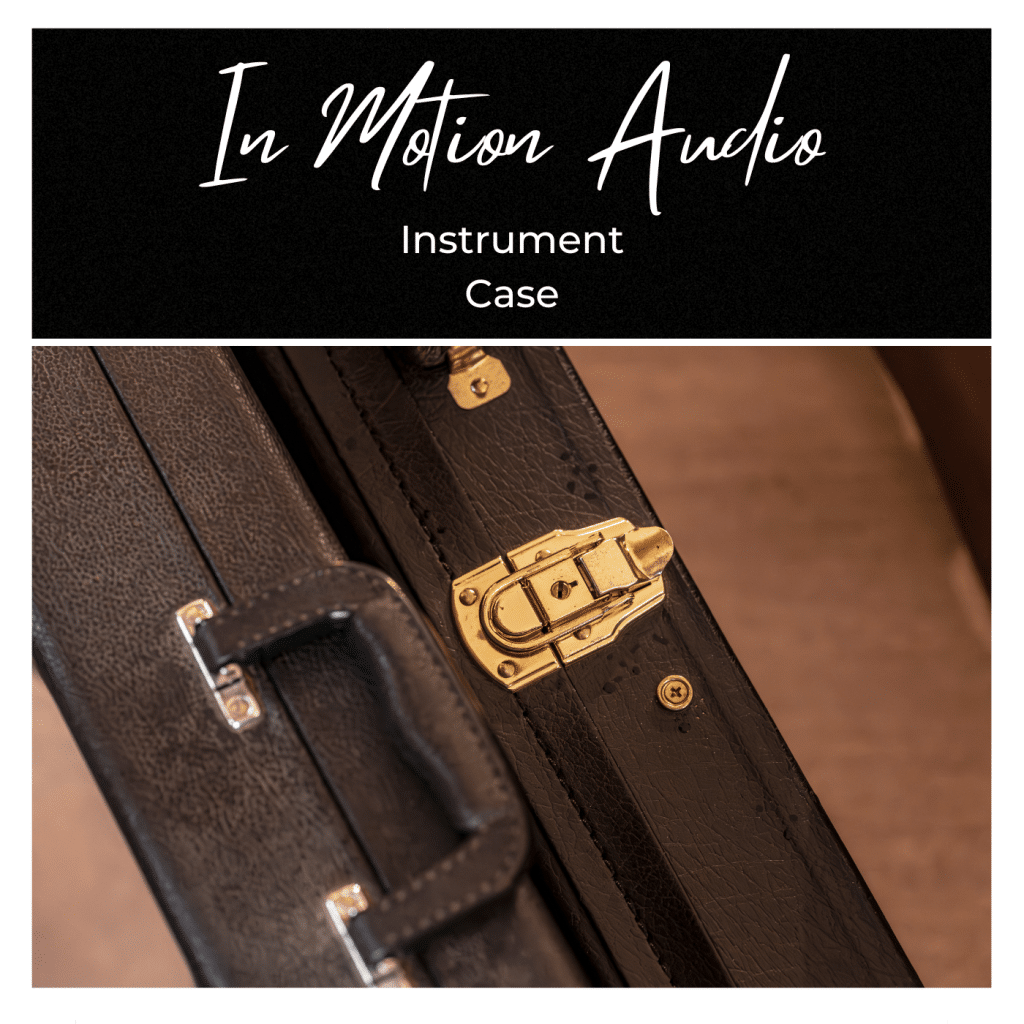 A close-up of a "sound effects library"—a black leather instrument case with gold latch/handle, on Sonniss.